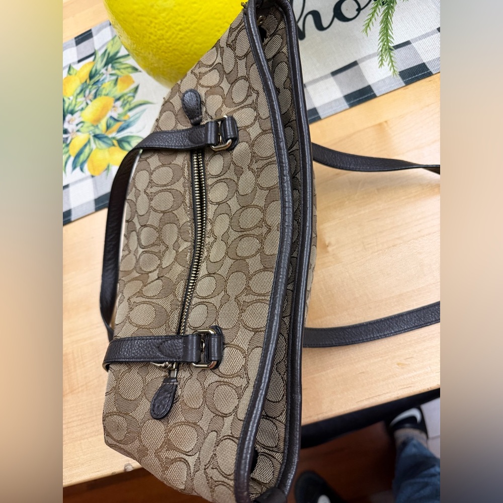 Coach Brown Signature Jacquard Tote with Dark Brown Leather Handles - Picture 2 of 3